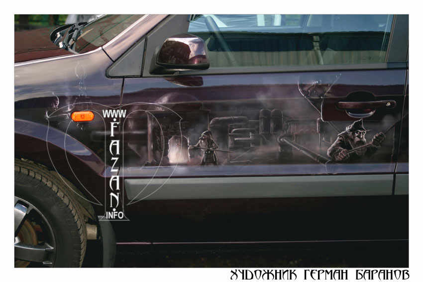 Аэрография гномов на фиолетовом автомобиле Ford Fusion. Фото 05.