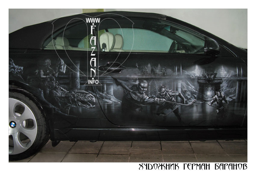Черно-белая аэрография на черном кабриолете BMW 6 Cabrio. Фото 05.