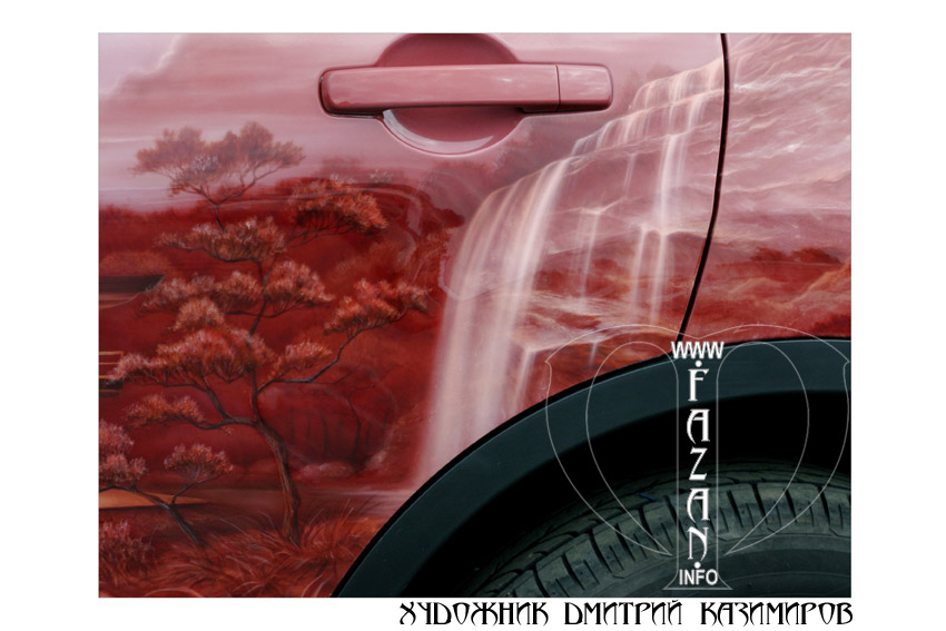Аэрография на японскую тему на красном авто Nissan Qashqai. Фото 09.
