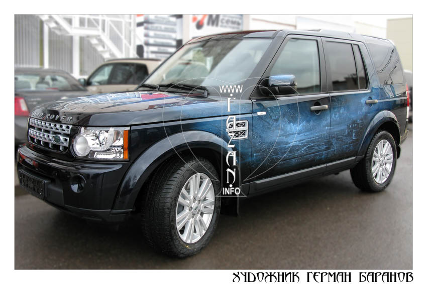 Аэрография на синем автомобиле Land Rover Discovery 4. Капли дождя. Фото 02.