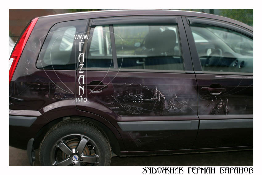 Аэрография гномов на фиолетовом автомобиле Ford Fusion. Фото 21.