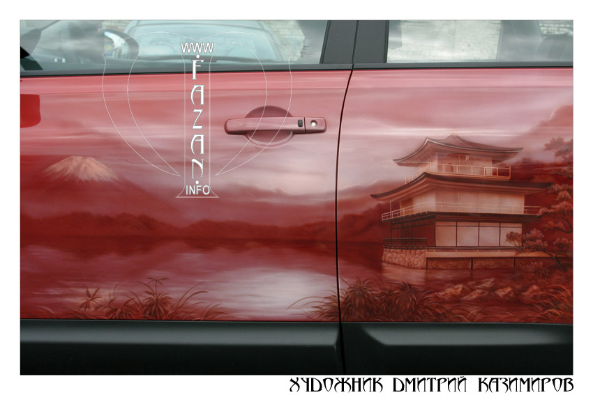 Аэрография на японскую тему на красном Nissan Qashqai. Фото 03.