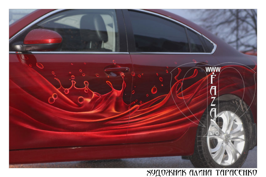 Аэрография на темно-красном автомобиле Mazda 6, фото 09. Сфотографировано со вспышкой.