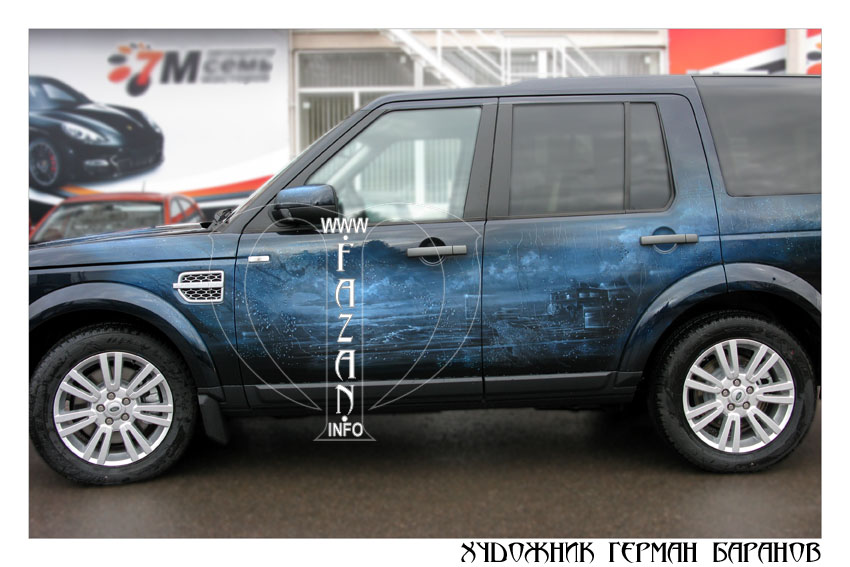 Аэрография на синем автомобиле Land Rover Discovery 4. Капли дождя. Фото 05.