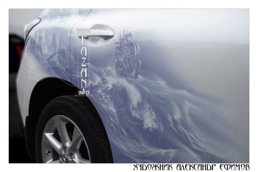 Монохромная аэрография на белом автомобиле Lexus RX 350, фото 03.