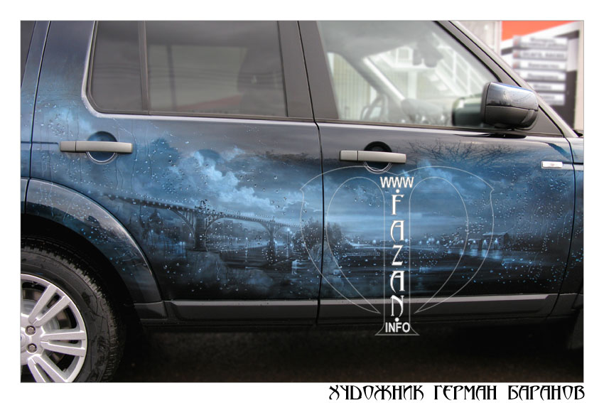 Аэрография на синем автомобиле Land Rover Discovery 4. Капли дождя. Фото 16.