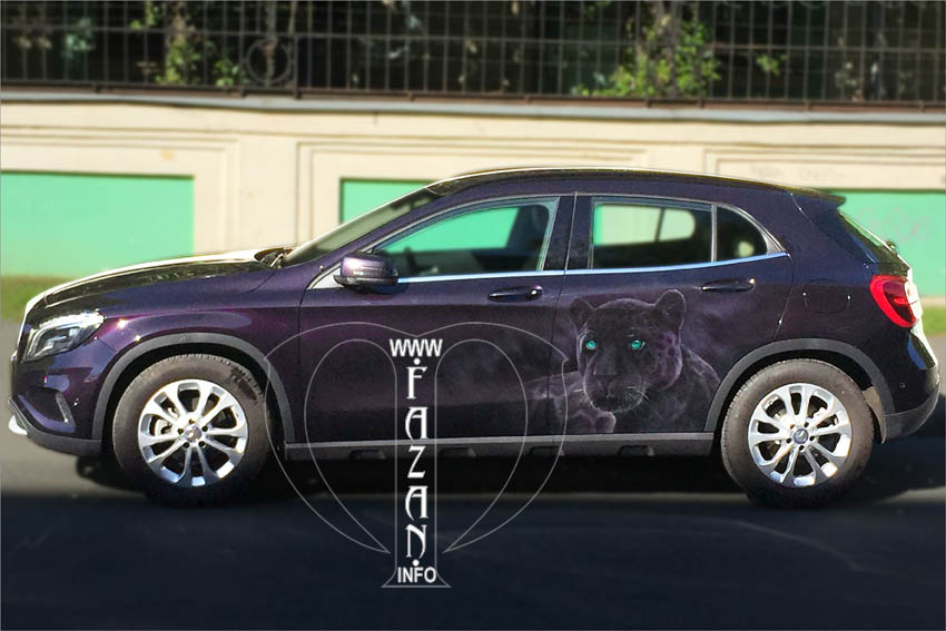 Аэрография пантеры на фиолетовой машине Mercedes GLA, фото 01.