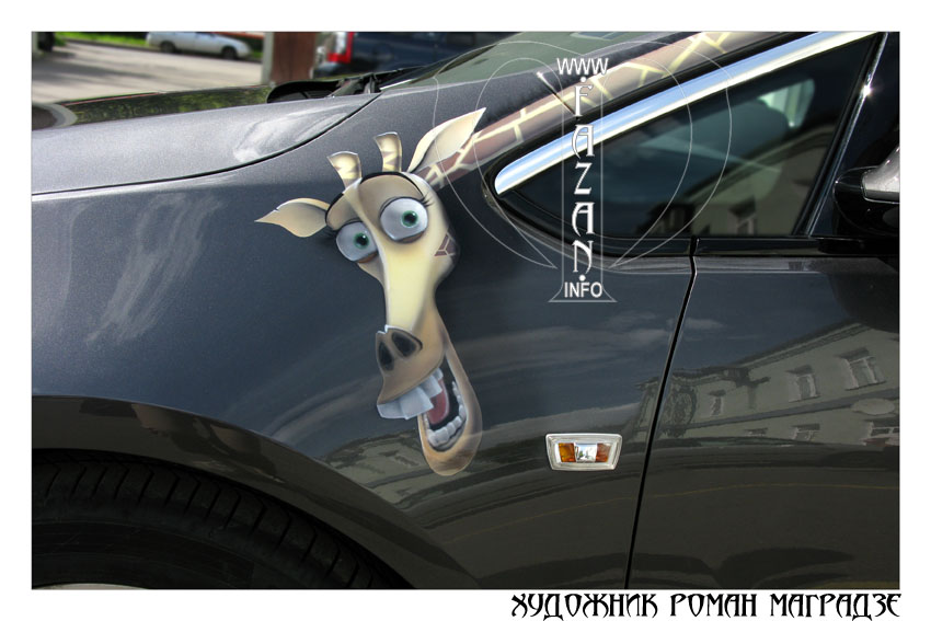 Аэрография на серой машине Opel Astra GTC: герой мультфильма "Мадагаскар" Мелман, фото 04.