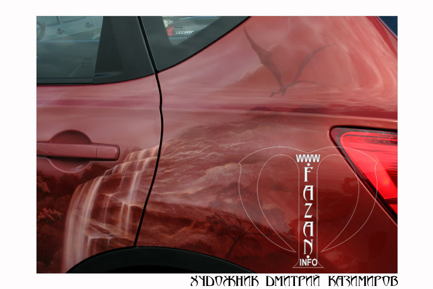 Аэрография на японскую тему на красном авто Nissan Qashqai. Фото 08.